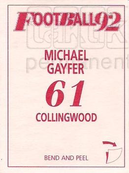 1992 Select AFL Stickers #61 Michael Gayfer Back